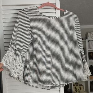 Black & White Striped Bell-Sleeve Blouse with Lace Trim